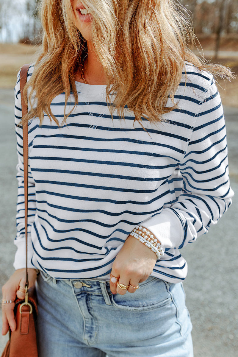 Striped Print Ribbed Trim Long Sleeve Top