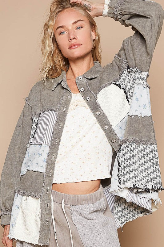 POL Raw Hem Patchwork Dropped Shoulder Jacket