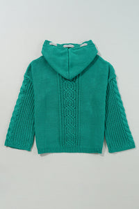 Sea Green Cable Knit V Neck Contrast Drawstring Hooded Sweater