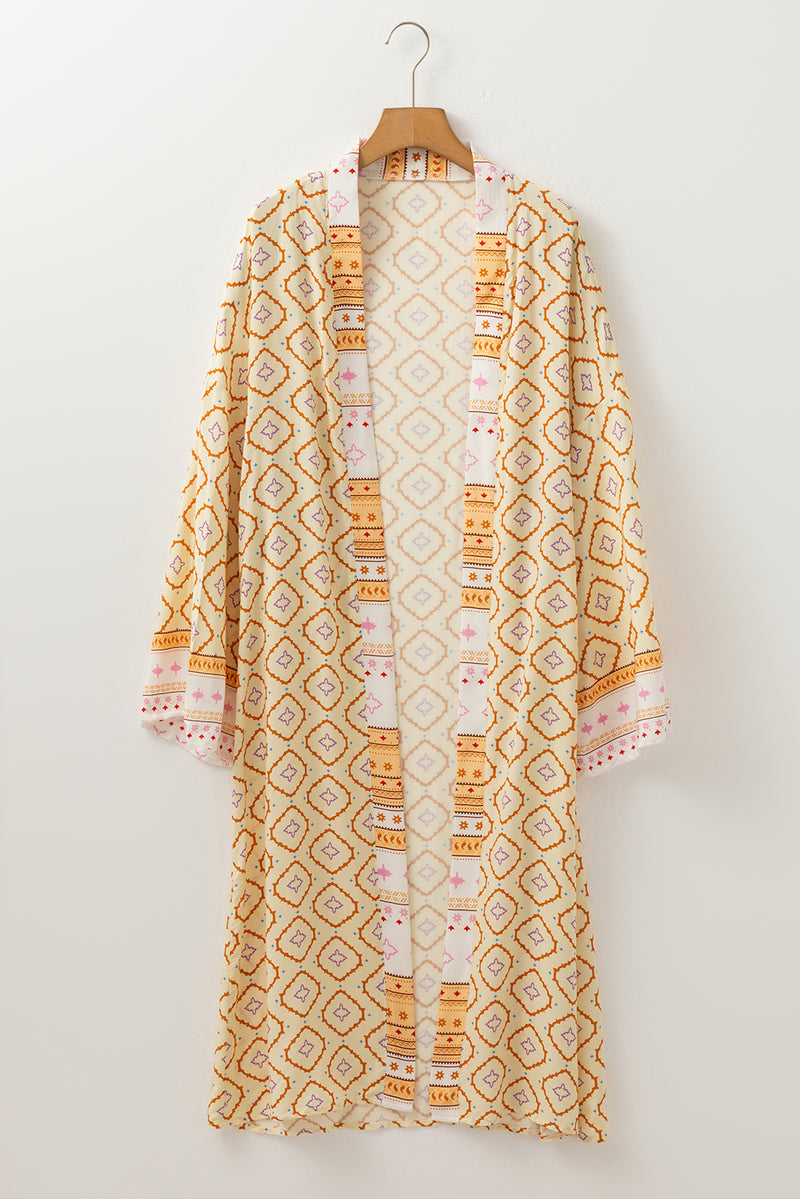 Yellow Bohemian Geometric Printed Loose Sleeve Long Kimono