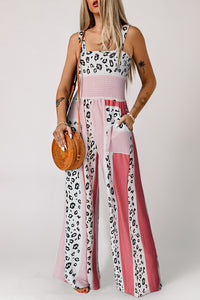 Pink Leopard Color Block Mix Print Pocketed Jumpsuit