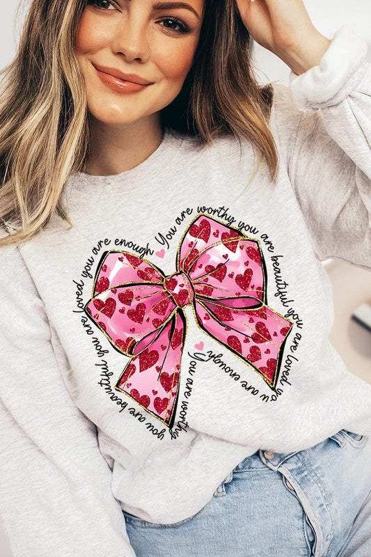 Valentine Bow Faux Glitter Graphic Plus Sweatshirt