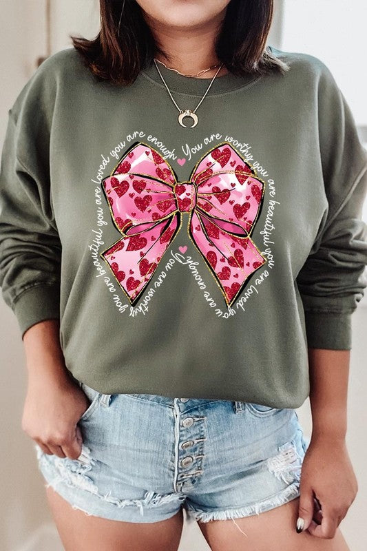 Valentine Bow Faux Glitter Graphic Plus Sweatshirt