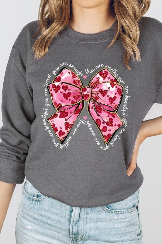 Valentine Bow Faux Glitter Graphic Plus Sweatshirt