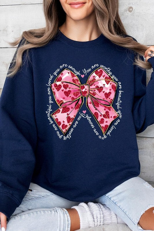 Valentine Bow Faux Glitter Graphic Plus Sweatshirt