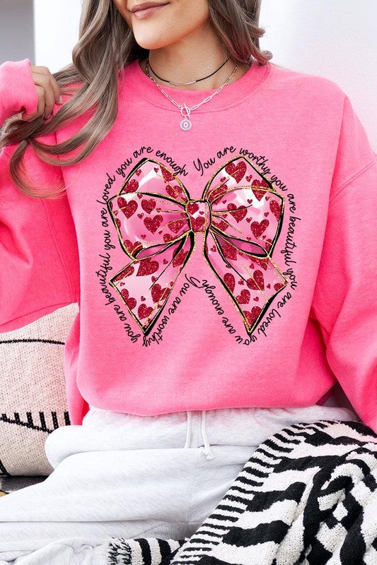 Valentine Bow Faux Glitter Graphic Plus Sweatshirt