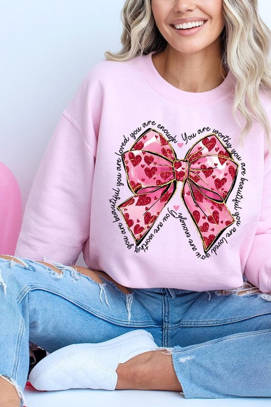 Valentine Bow Faux Glitter Graphic Plus Sweatshirt