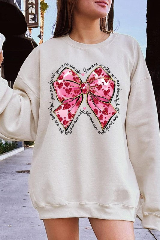 Valentine Bow Faux Glitter Graphic Plus Sweatshirt