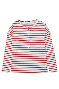 Red Striped Print Ruffled Buttoned Long Sleeve Top