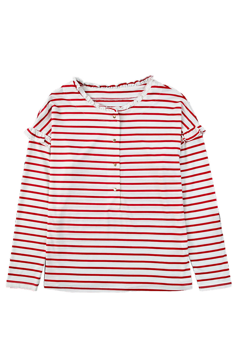 Red Striped Print Ruffled Buttoned Long Sleeve Top