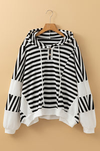 Black white Oversized Striped Henley Buttons Dolman Sleeve Hooded Top