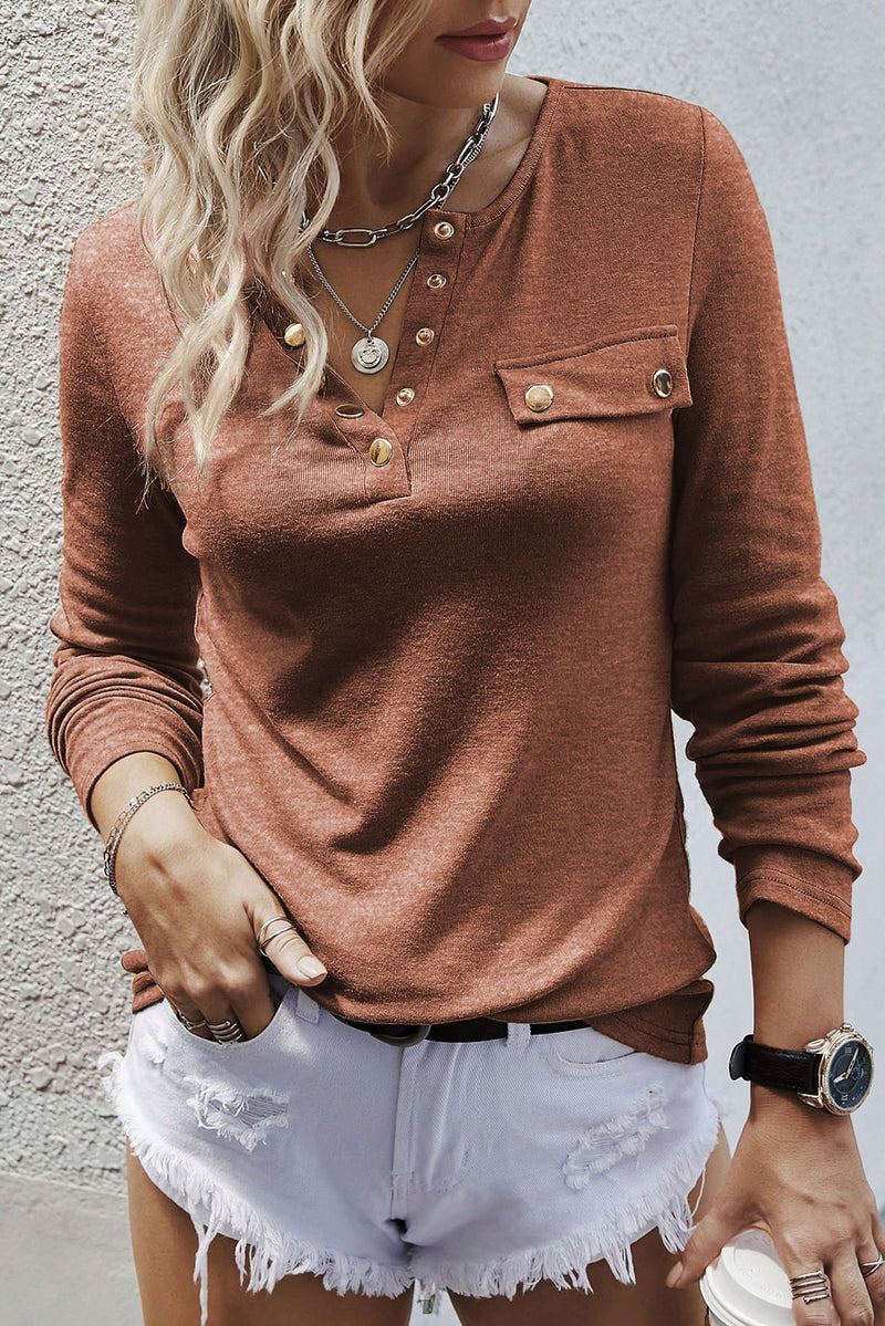 Chestnut Long Sleeve Snap Button Henley Top