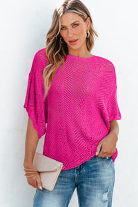 Rose Red Pointelle Knit Scallop Edge Short Sleeve Knit Top