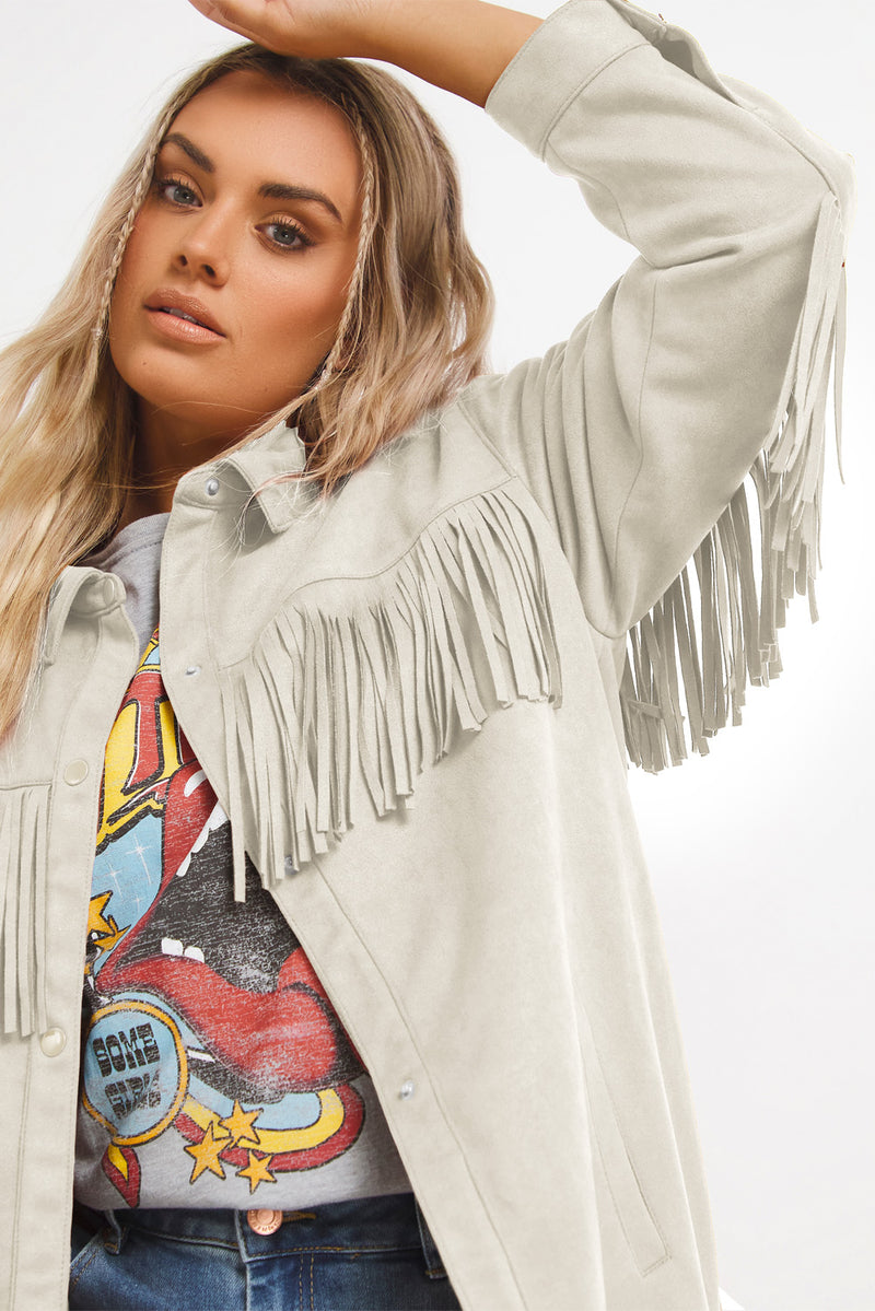 White Fringe Trim Plus Size Suede Shacket