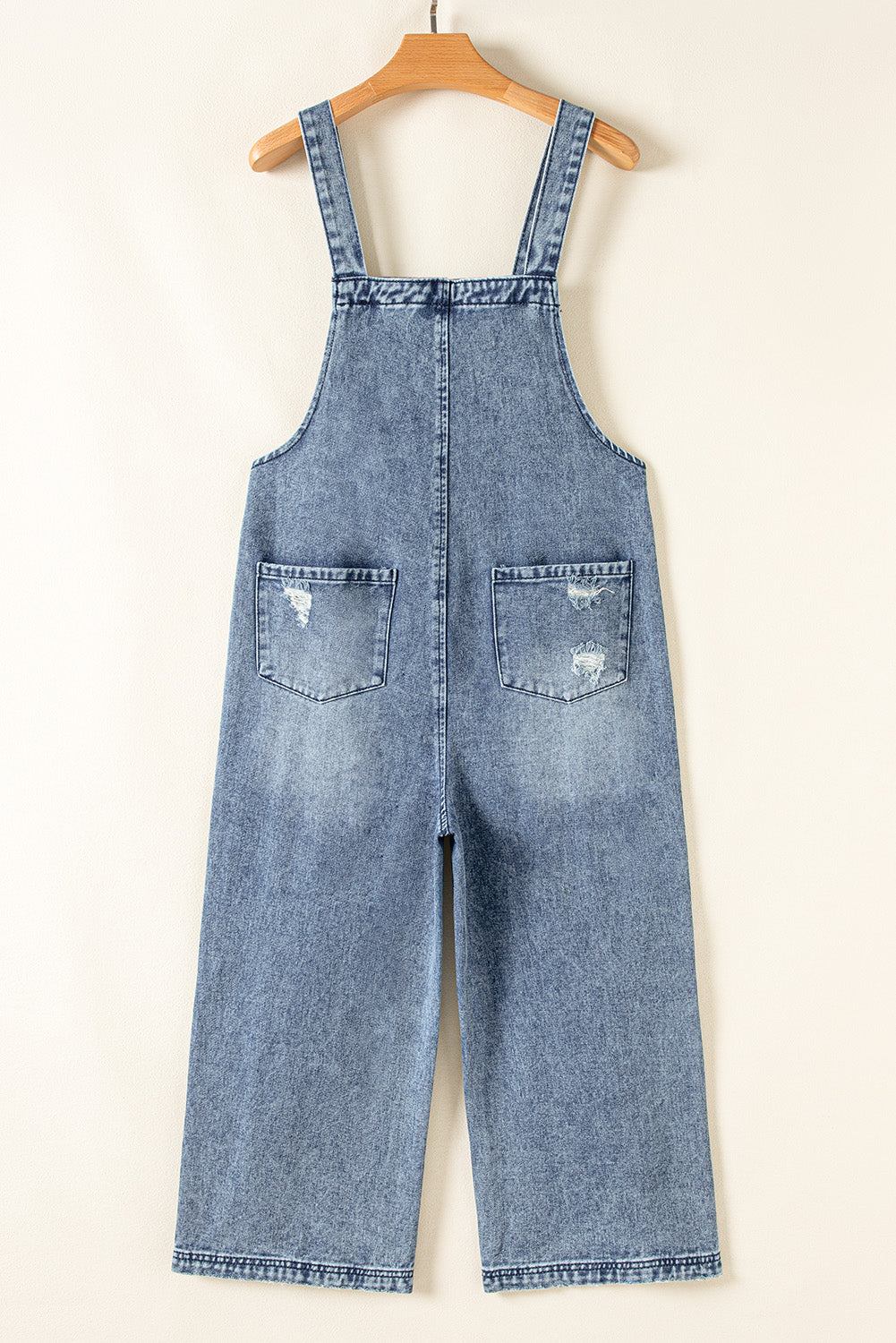 Stone Blue Distressed Bib Pocket Wide Leg Denim Overall