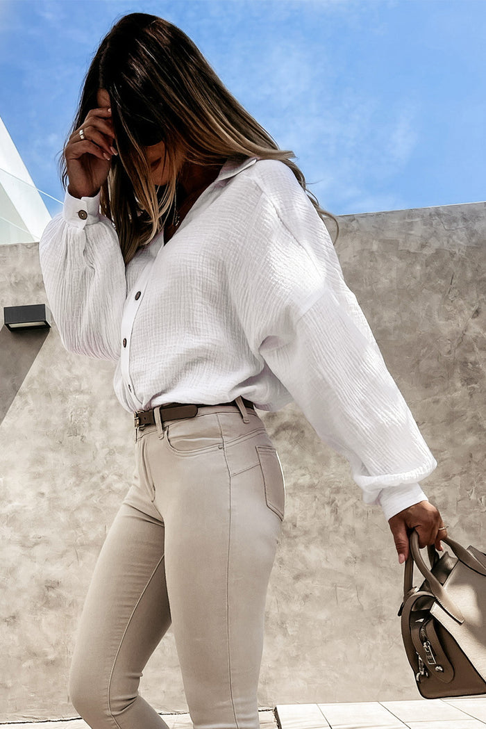 White Turn-down Collar V Neck Crinkled Cuffed Shirt