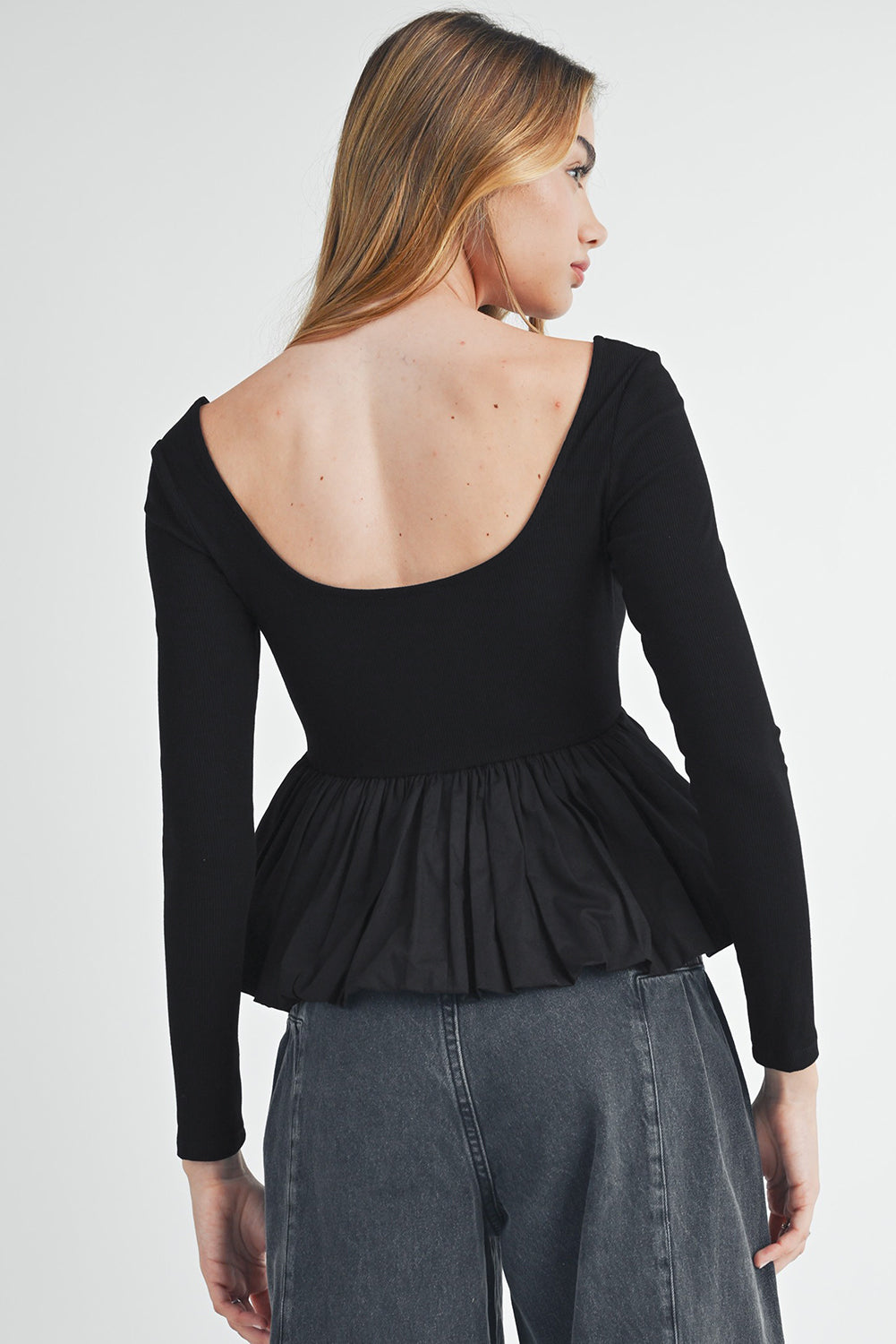 Black Ribbed Knit Long Sleeve Scoop Neck Peplum Patchwork Top