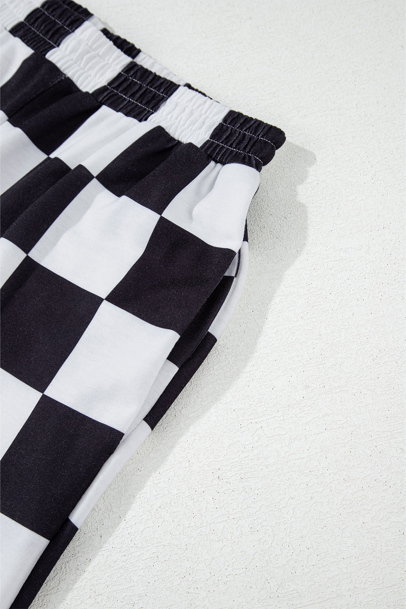 Black Checkerboard Elastic Waist Pocketed Joggers