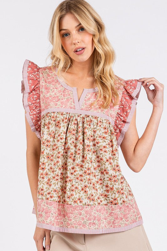 Mittoshop Floral Notched Ruffled Cap Sleeve Blouse