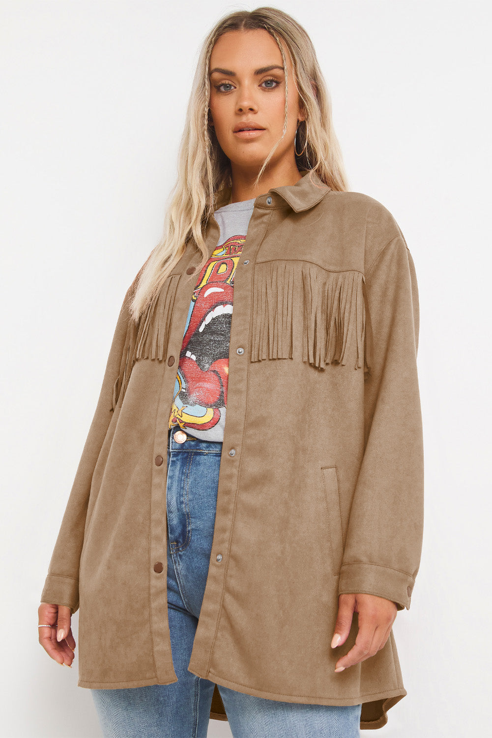 White Fringe Trim Plus Size Suede Shacket