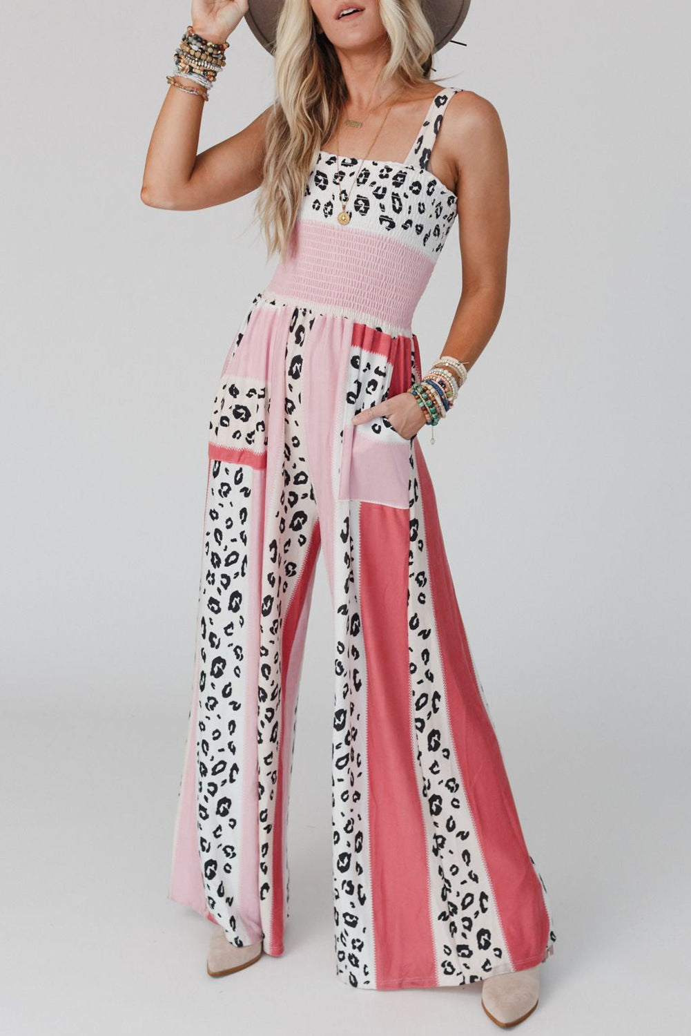 Pink Leopard Color Block Mix Print Pocketed Jumpsuit