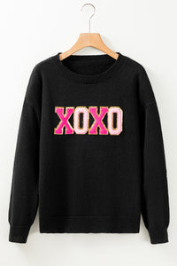 White XOXO Glitter Print Round Neck Casual Sweater