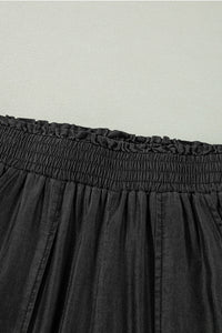 Black Side Pockets Frilled Smocked High Waist Wide Leg Jeans