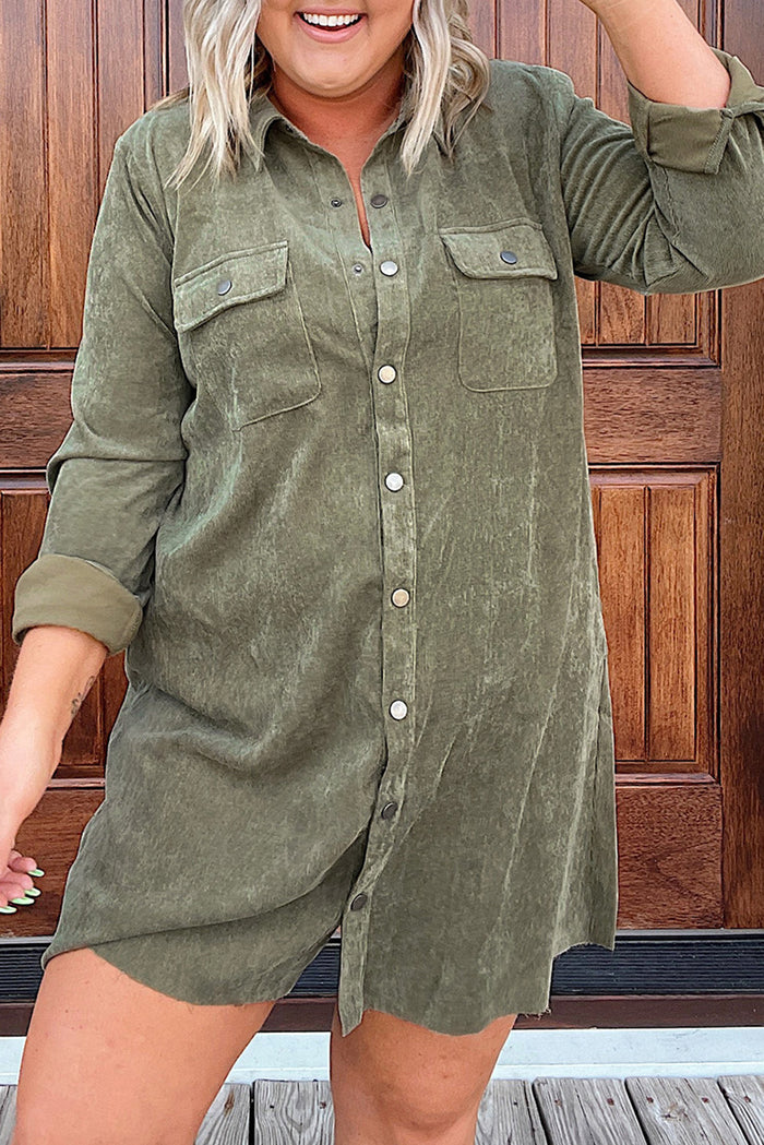 Green Plus Size Long Sleeve Buttoned Shirt Dress