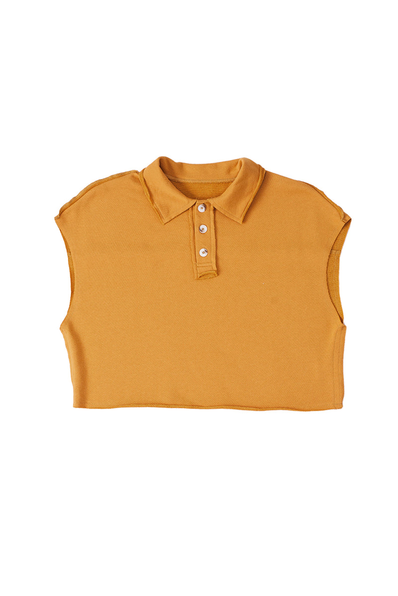 Camel Raw Edge Trim Polo Collar Cropped Tee