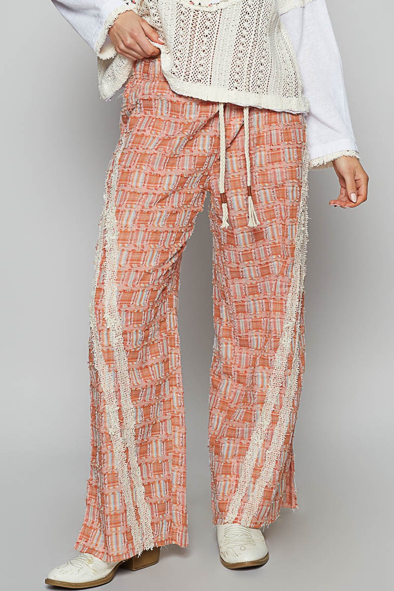 POL Lace Trim Drawstring Checkered Wide Leg Pants