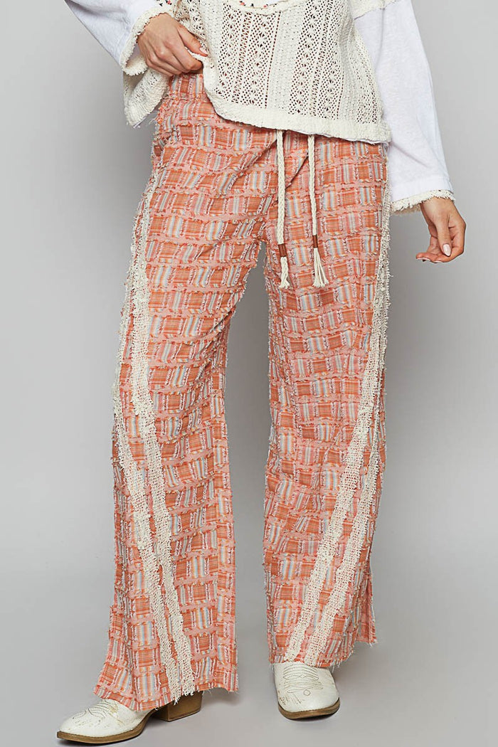 POL Lace Trim Drawstring Checkered Wide Leg Pants