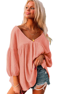 White Textured V Neck Bracelet Sleeve Babydoll Blouse