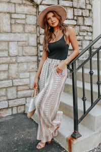 White Geometric Pattern Shirred Wide Leg Pants