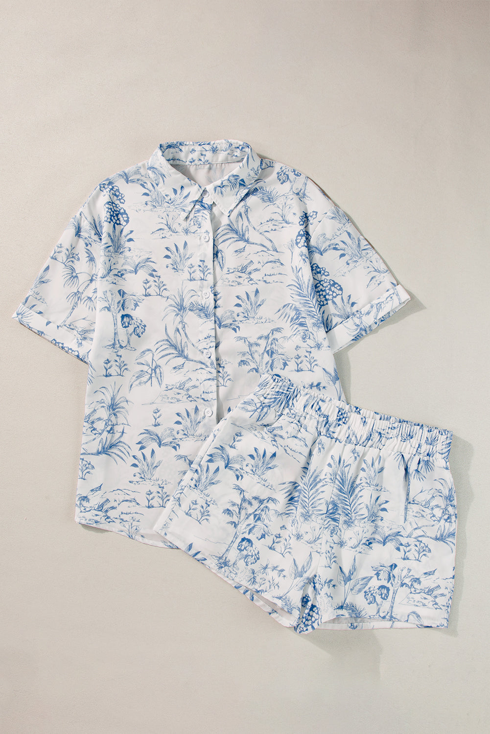 Sky Blue Floral Short Sleeve Shirt and Shorts Set