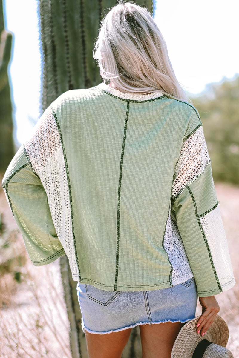 Grass Green Crochet Detail Exposed Seam High Low Loose Top