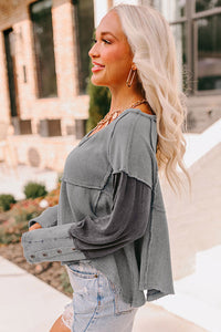 Medium Grey Waffle Knit Button Detail Exposed Seam Flowy Top