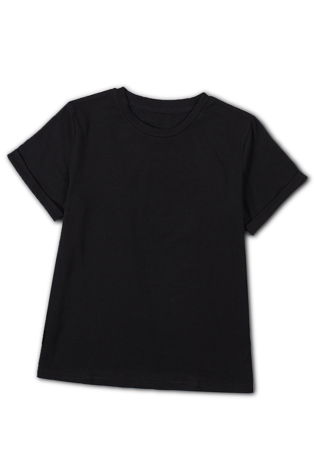 Black Round Neck Rolled Sleeve Plus Size T-shirt