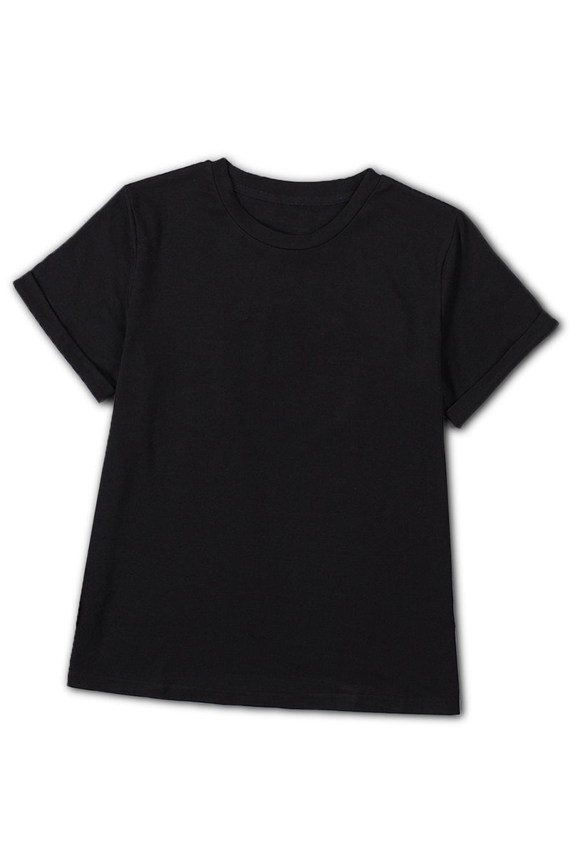 Black Round Neck Rolled Sleeve Plus Size T-shirt