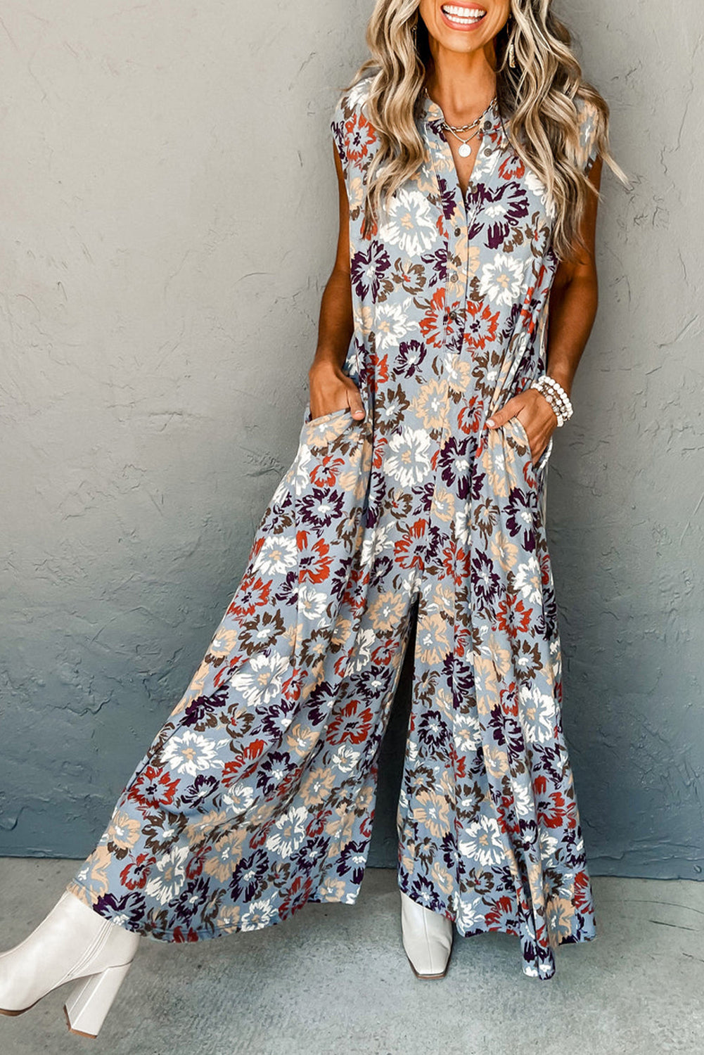 Sky Blue Floral Sleeveless Buttoned Pocketed Wide Leg Jumpsuit