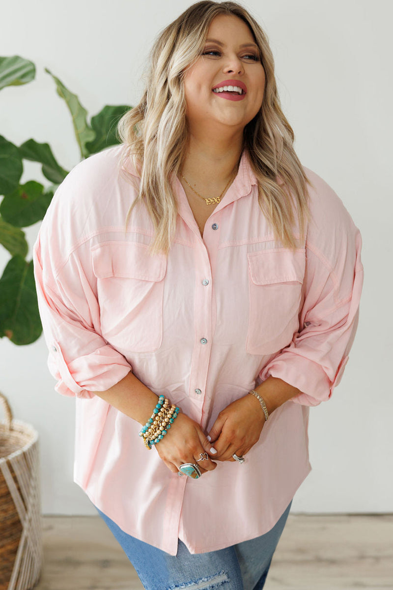 Pink Flap Pocket Tab Sleeve Button-Down Plus Size Shirt