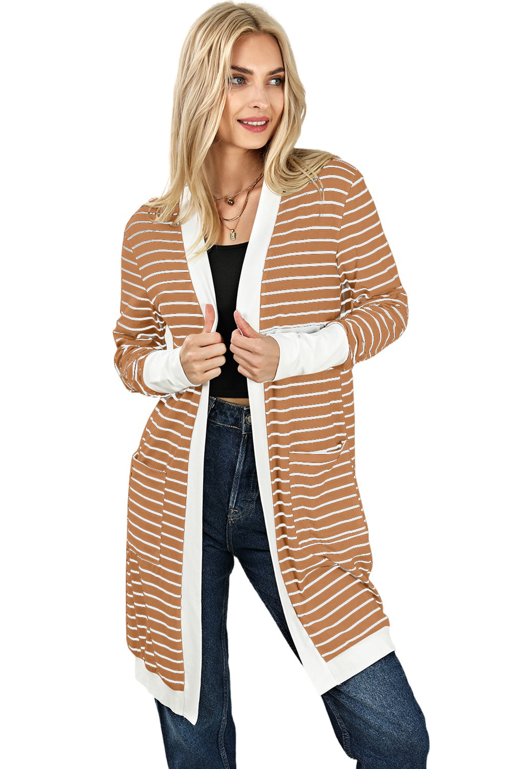 White Extended Long Sleeve Plus Size Striped Cardigan