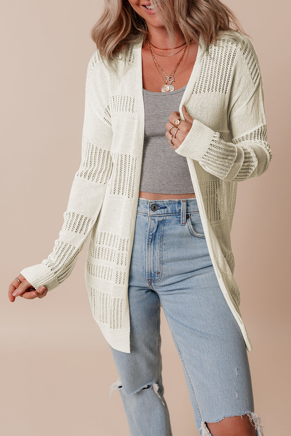 White Solid Color Lightweight Open Knit Tunic Cardigan