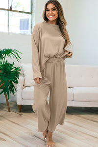 Smoke Gray Loose Textured Pullover and Pants Outfit