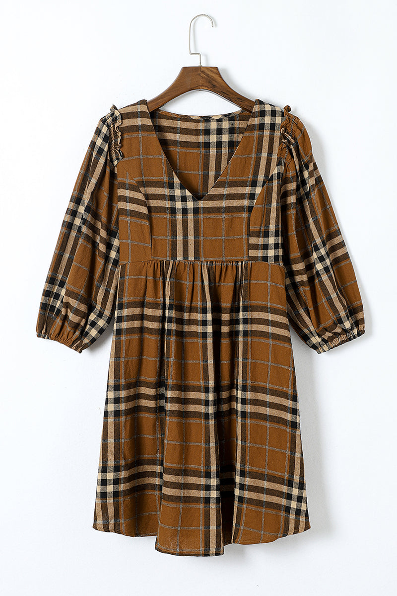 Brown Printed Plaid V Neck Plus Size Babydoll Dress