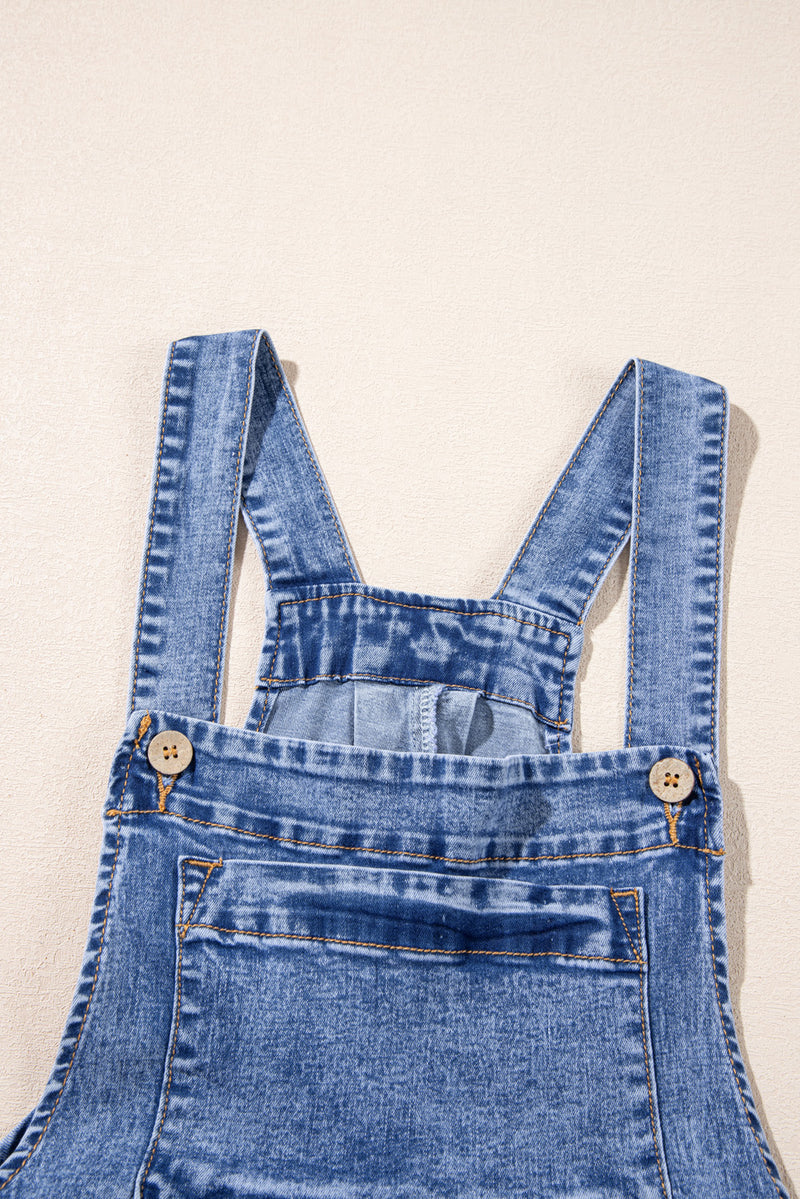 Light Blue Mineral Wash Buttoned Straps Wide Leg Denim Overalls