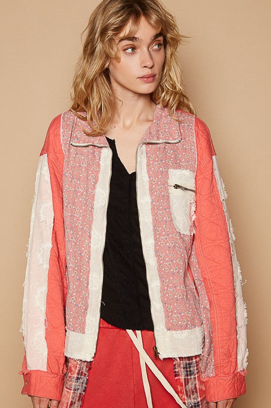 POL Floral Patchwork Zip Up Long Sleeve Jacket