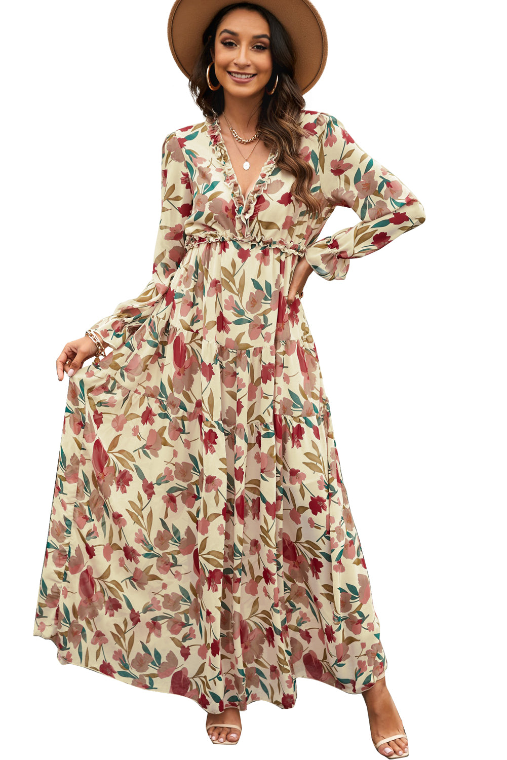 Violet V Neck Floral Print Empire Waist Maxi Dress