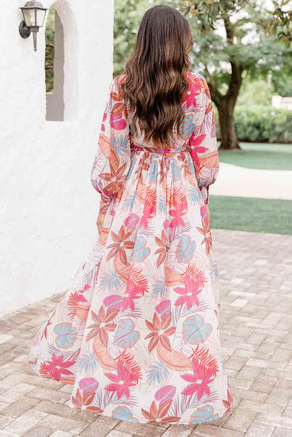 Multicolor Tropical Palm Print Tie High Waist Plus Size Maxi Dress