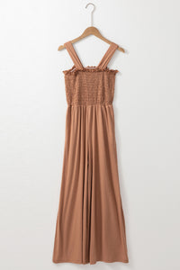 Dusty Pink Ruffled Shirred Wide Leg Sleeveless Jumpsuit