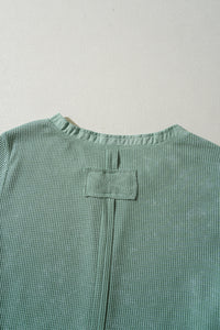 Smoke Green Acid Wash Waffle Knit Buttoned Neckline Long Sleeve Top